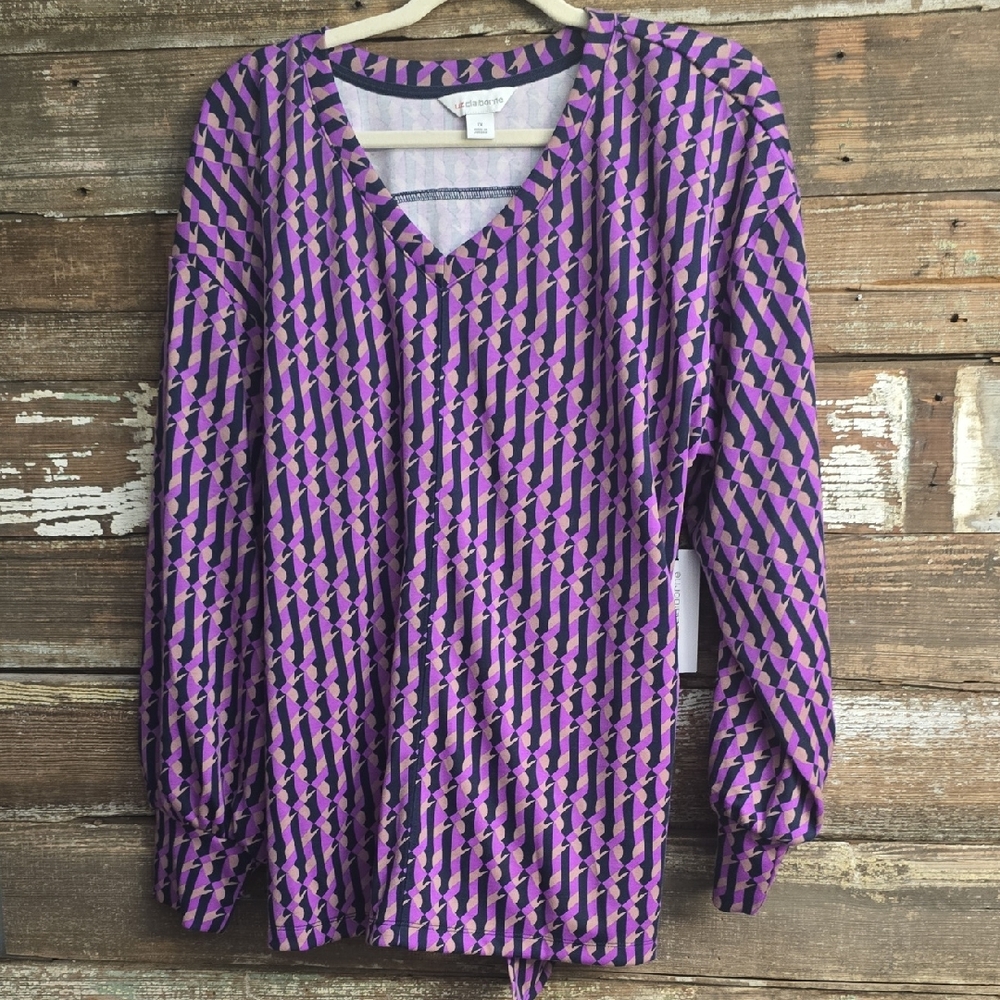 Liz Claiborne Lavender Patterned Top W/tie Back, Plus Size 1X, NWT